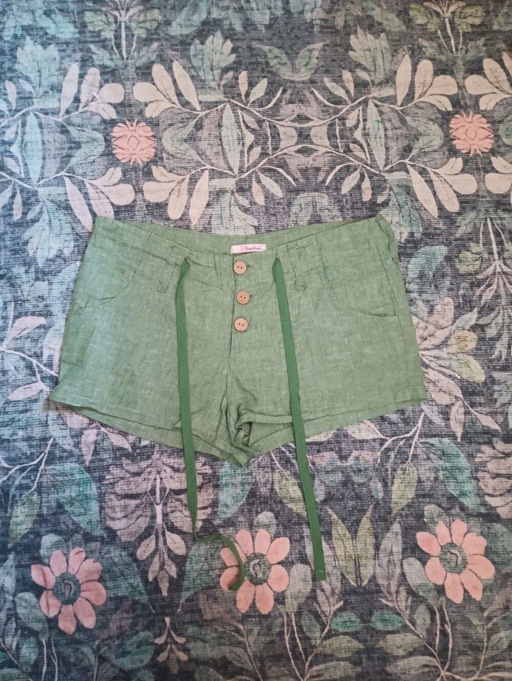 Vtg Womens Y2K Micro Mini Linen Shorts Juniors M Green Fairy Festival Coquette